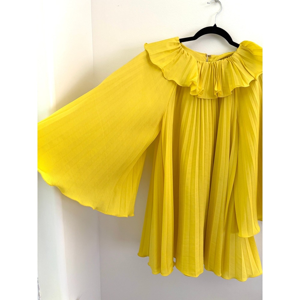 Vintage 1960s Canary Yellow Accordion Pleated Mini Dress Angel Sleeve Mod Twiggy - Picture 4 of 6